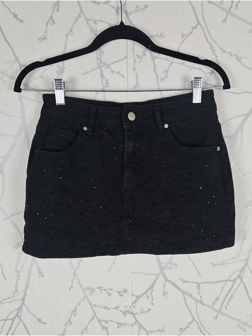 Guanyy Black Wash Stretch Denim Rhinestone Mini Skort
